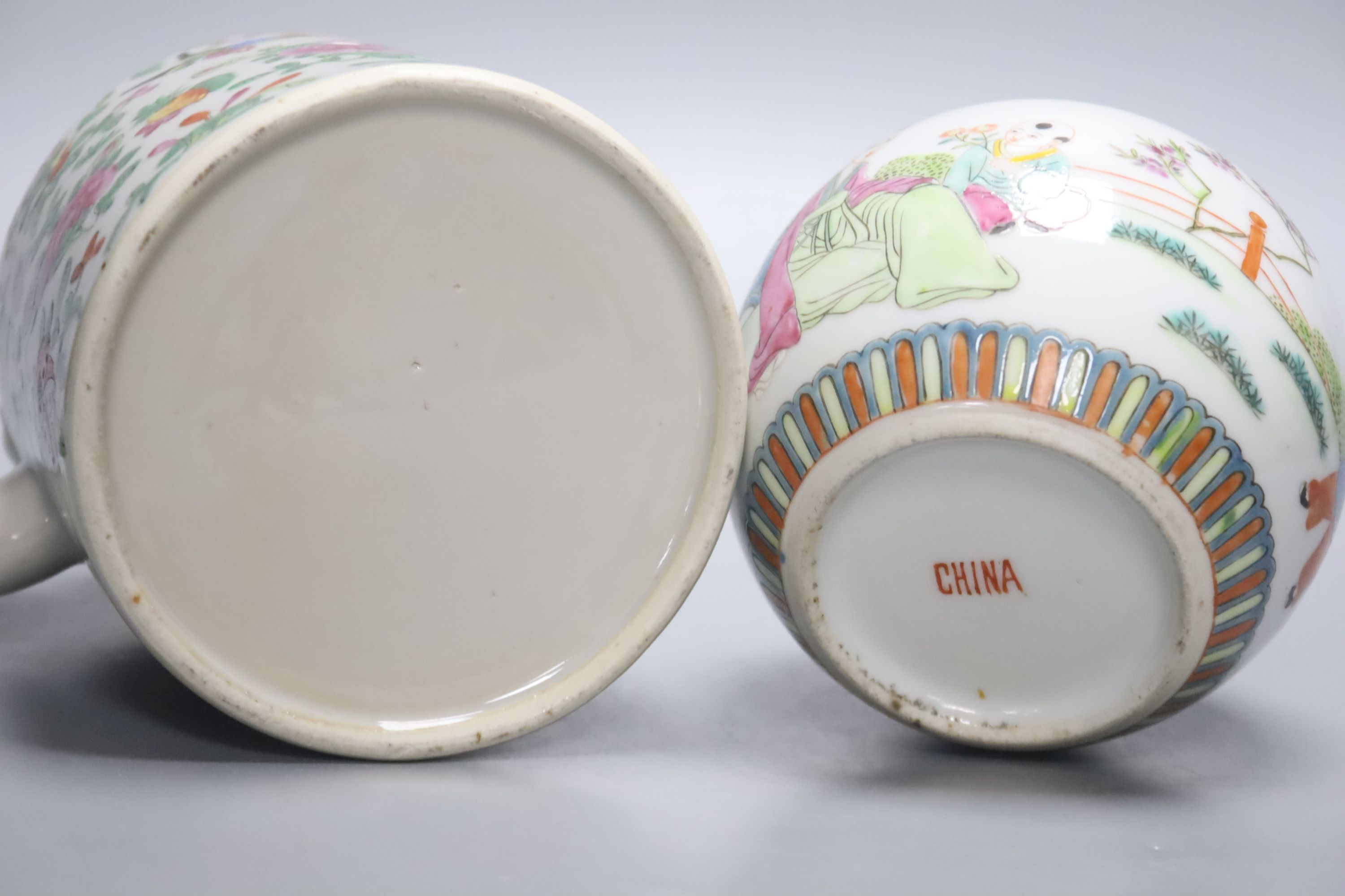 A Chinese famille rose tea pot and a similar jar and cover, tallest 14cm